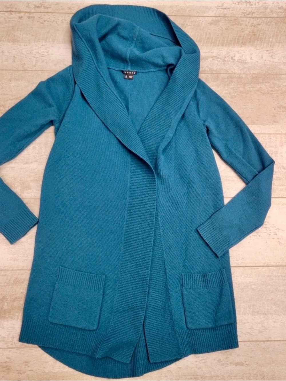 Theory Teal Open-Front Shawl-Collar Cardigan